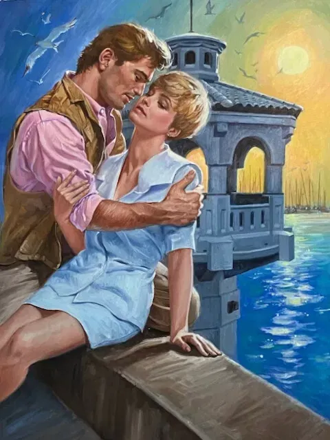 An oil painting by Hal Frenck of a white man in a tan vest and pink shirt embracing a woman with short blonde hair sitting on the edge of a pier with gazebo in the background with sea gulls her hair is short and blonde and she's wearing a short sheleves mini skirt suit? 