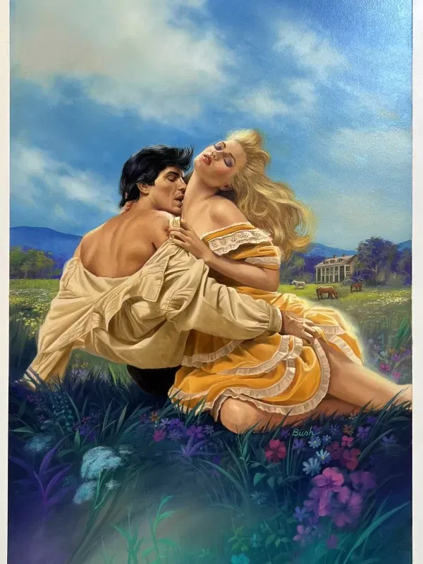 A white couple is about to go to bonetown in a flowery field. the woman is blonde wearing a hello dress and is being embraced by a white guy iwth a dark mullet and a VERY voluminous shirt while he munches on her collarbone and she arches her back 