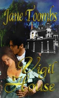 The cover for Vigil House is very small and dim but there's a couple embracing with a white house with pillars in the background