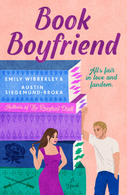 Book Boyfriend - a peach background with a stack of books in purple, pink, blue and green with two peopel standing alongside the books like the books are MASSIVE and they are TINY 