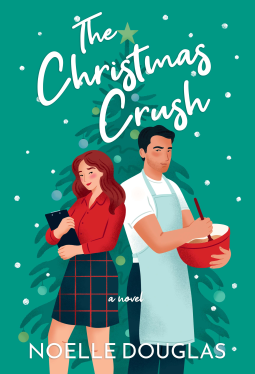 The Christmas Crush by Noelle Douglas has an illustration of a couple back to back he is baking and stirring something in a red bowl wearing a green apron while she has a red sweater, long brown hair, and a green plaid skirt. Background: green.