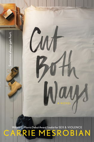 Cuts both ways has words scrawled over a bedsheet with two pair of big shoes by the bed on the floor