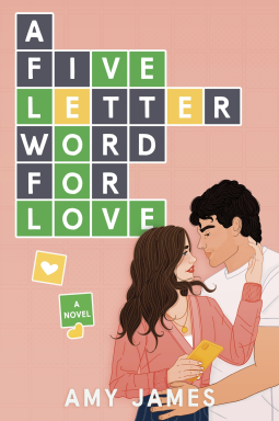 A five letter word for love written in Wordle style against a peach pink background with two people embracing in the corner. She has light skin and long brown hair while he has darker tan skin and short dark hair 