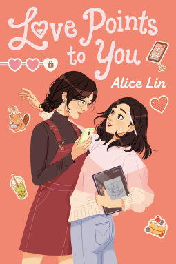 Love Points to You by Alice Lin - Two women bumping into each other, one with a dark ponytail and a red overall dress and brown shirt, the other in a light pink pulover and jeans. The background is a wash of peach 