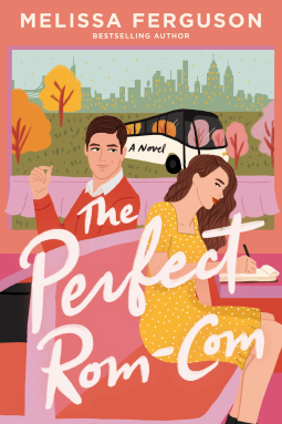 The Perfect Rom Com by Melissa Ferguson a mostly peach and pink illustration of two peopel sitting back to back in booths at a restaurant with a tour bus behind them out the window