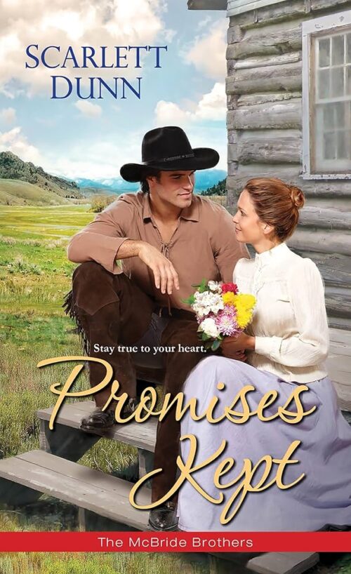 Promises Kept features a photograph of a white man in a tan shirt and brown pants wearing a black cowboy hat. he's seated on the porch of a log cabin next to a redheaded White woman with her hair up wearing a high neck blouse and long lavender skirt. she's holding flowers and looking up at him.