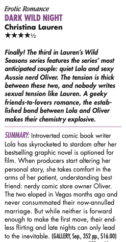 Finally! The third in Lauren's Wild Seasons series features the series' most anficipated couple: quiet Lola and sexy Aussie nerd Oliver. The tension is thick between these two, and nobody writes sexual tension like Lauren. A geeky friends-to-lovers romance, the established bond between Lola and Oliver makes their chemistry explosive. SUMMARY: Introverted comic book writer Lola has skyrocketed to stardom after her bestselling graphic novel is optioned for film. When producers start altering her personal story, she takes comfort in the arms of her patient, understanding best friend: nerdy comic store owner Oliver. The two eloped in Vegas months ago and never consummated their now-annulled marriage. But while neither is forward enough to make the first move, their end. less flirting and late nights can only lead to the inevitable.