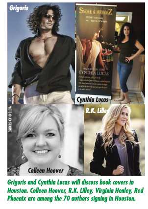 Colleen Hoover, and a model named Grigoris who has hair like Slash from Guns and Roses and his shirt is open and tucked in