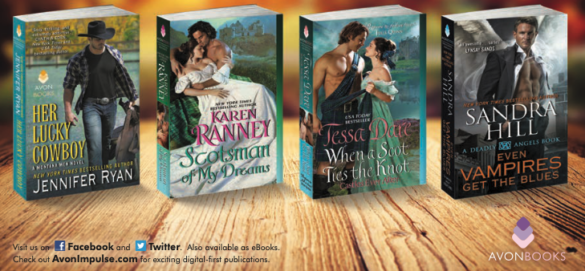 Her Lucky Cowboy by Jennifer Ryan, Scotsman of my Dreams by karen Ranney, When a Scot Ties the Knot by Tessa Dare are all covers with teal backgrounds, spines, and backgrounds. And on the right - Even Vampires Get the Blues 