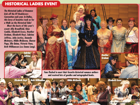 Historical Ladies Event - a group shot of several authors in costumes including lace gowns, hats, stoles, fans, and gloves!