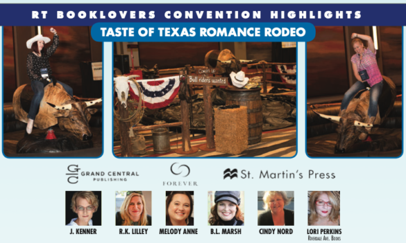 Three pictures of the mechanical bull with the publishers sponsoring the event - Grand Central, Forever, St Martin's 