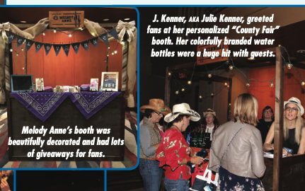 "J Kenner greeted fans at her personlized booth. Her colorfully branded water bottles were a huge hit." and on the left "Melody Anne's booth was beautifully decorated and had lots of giveaways for fans 