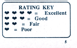 Rating Key: four hearts - excellent three hearts - good two hearts - fair one heart - poor