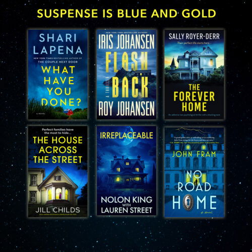 An array of six thrillers all with covers featuring blue photographs of night skies with yellow windows and yellow text for the title and /or author. at the top it says Suspense is blue and yellow 