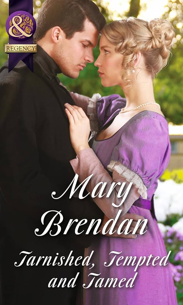The cover features a white woman in Regency Garb in a purple dress with a blonde updo standing forehead to forehead with a white dude wearing historical suit garb