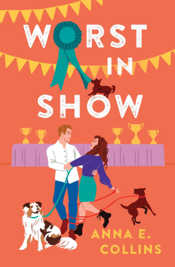 Worst in Show - Anna E Collins - a peach orange background with two people with dog leashes wound around them. The guy has blue jeans and a white shirt with a white and brown dog while she has brown hair a blue skirt and top and a small brown dog on a red leash 