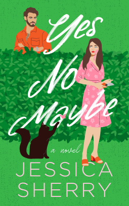 yes no maybe by Hessica sherry has an illustration of two people on either side of a hedge. One is wearing pink housecoat, the other in an orange shirt, there's a black cat but the whole background including the hedge is green 