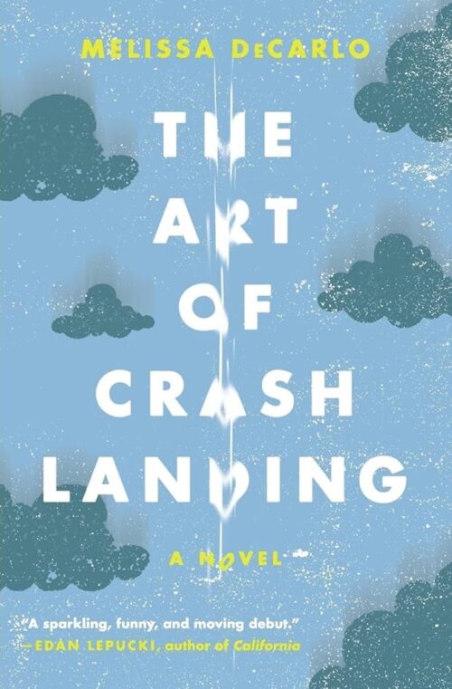 The art of crash landing has a blue sky background with some darker blue clouds and the title down the center, with a smear breaking up the words as if the crash landing happened through the title text