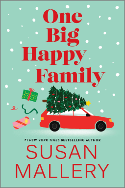 one big happy family by susan mallery an illustration of a car with a christmas tree on top on a light green background with snow on top 