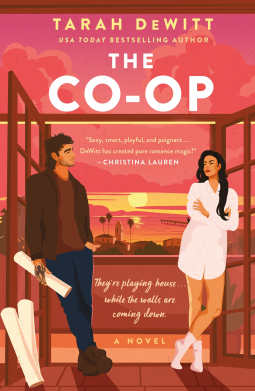 The CO-Op by Tara Dewitt a orange, peach and pink sunset behind two people standing on either side of a door with a california-looking pier and the water behind them