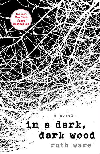 In a dark dark wood by ruth ware has a black background with white branches? Scribbles? abstract mess? over most of the cover with the title and author in the lower right corner in black type
