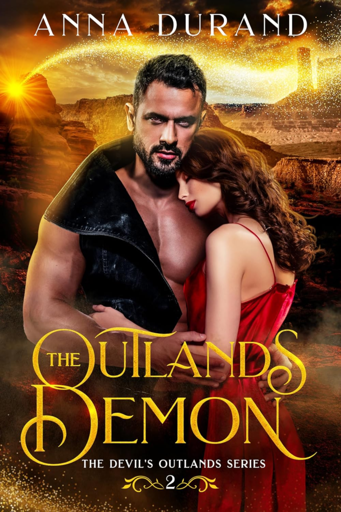 The Outlands demon by Anna Durand. Very similar in positioning to the first cover. A smoldering man with a pale brunette that has her face tucked into his shoulder. She is wearing a satiny red dress. He does not have a braid but has a shiny leather open vest with a very high and possibly photoshopped collar. The background is mostly a desert with cliffs.