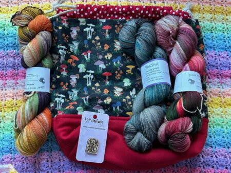 Three skeins of yarn against a project bag made with mushroom patterned fabric.
