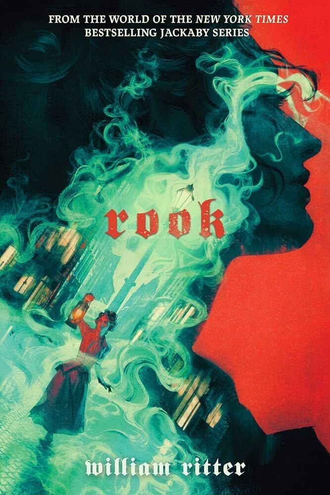 Rook by William Ritter. Emerging from the bottom left corner is a curl of light green smoke. In the smoke is a woman holding a lantern as she walks through cobblestone streets. The top of the smoke leads to the side profile of a person with a red background.