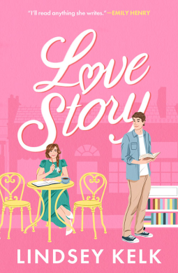 Love Story by Lindsey Kelk - a pink background with an illustration of a girl in a green dress with auburn hair sitting at a cafe table and a guy with dark hair and a blue shirt over a white T looking over his shoulder at her 