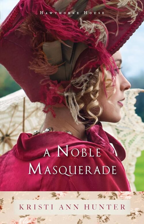 A noble masquerade features a Blonde woman with her hair up beneath a red hat with a wide brim, lace, and feathers. Her gown matches and there's a lace parasol behind her She's looking to the side so she's in profile