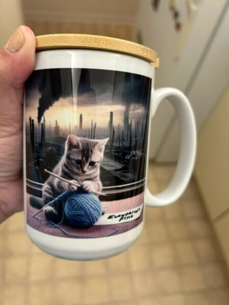 A mug with a picture of a cat knitting ignoring a dystopian hellscape in the background. There's a sign that says everything's fine