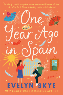 One Year Ago in Spain by Evelyn Skye - an orange peach background with illustrated fans and two people pictured at the bottom