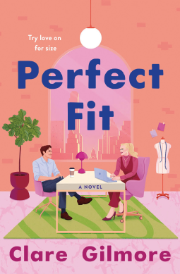 Perfect Fit by Clare Gilmore - a peach background with a room with a green rug and two people sitting at a desk with a manequin and sizing dummy behind her. She has blonde hair in a ponytail and a pink dress and vest while he has short hair and a blue shirt 