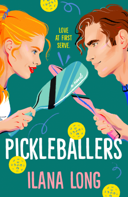 Pickleballers by Ilana Long features two people illustrated so they're facing off and their pickleball paddles are crossed and the background is very dark green 
