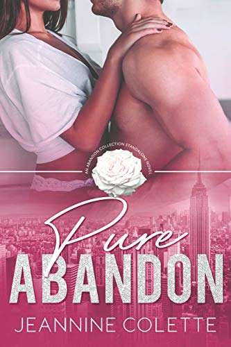 Pure abandon has a picture of a headless couple embracing he has no shirt she's wearing some drapey crop top and a pink washed city scape beneath