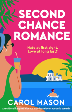 Second Chance Romance - a woman in a green bathing suit sips a drink against a hot pink sky with greek blue roofed domed buildings in the background. in the water is a guy facing away from her 