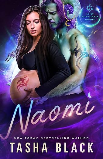 Naomi by Tasha Black. A pregnant woman in a black crop top is showing her belly. There's a red tribal tattoo on it. Holding her from behind is a greenish gray man who has a similar tattoo on his bicep. His forearms are covered in sandy, blond hair. The hair on his head is purple and falls to his chin. He has a beard and mustache in the same color. He has a pair of ram horns and a gold chain with a crescent moon dangles from them. They appear to be in space with purple and blue planets and stars.