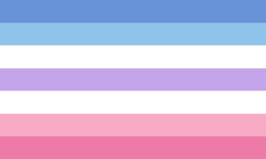 A flag with light and darker blue stripes fading to white, then a purple in the middle, followed by white and then light and dark pink