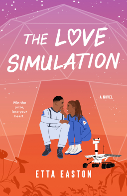 Love simulation by Etta Easton. An illustration of two black astronuts in some sort of geodesic dome with a MARS Rover next to them. The background is purple to red in a reverse of the lesbian flag 