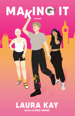 Making It by Laura Kay - an illustration of three people in athletic clothing against a skyline rendered in pink yellow and in almost the same gradient