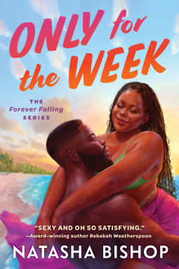 Only for the week by Natasha Bishop. An illlustration of two black people embracing in the water with the lesbian flag gradient in the title and the flowers 