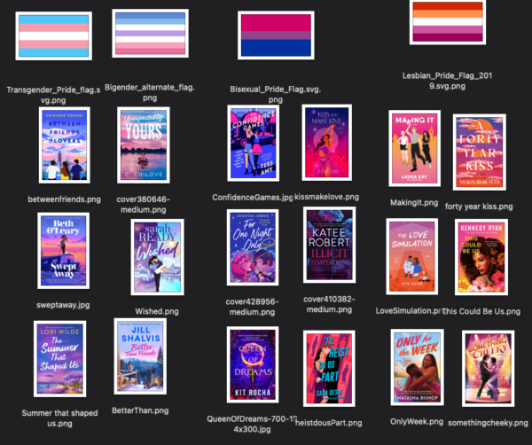 A view of my finder window with the covers lined up under the pride flags 