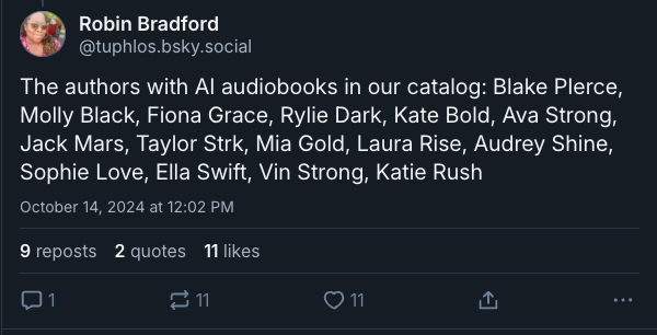 The authors with AI audiobooks in our catalog: Blake PIerce, Molly Black, Fiona Grace, Rylie Dark, Kate Bold, Ava Strong, Jack Mars, Taylor Strk, Mia Gold, Laura Rise, Audrey Shine, Sophie Love, Ella Swift, Vin Strong, Katie Rush.