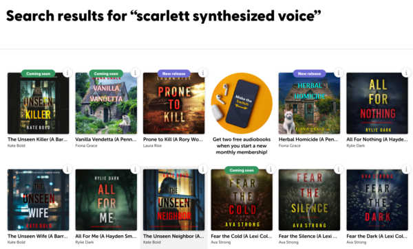 A screenshot of Libro.fm search results showing books from Kate Bold, Fiona Grace, Laura Rise, Rylie Dark and Ava Strong all narrated by scarlett synthesized voice