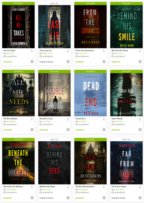 An array of 12 covers from the listed authors. All of the covers follow very similar design patterns: center-aligned title with a lot of photoshop external glow on the letters, with titles like all he hides, all he covets, or following sequences like the unseen noun, behind his noun, so adjective. The similarity is really something. 