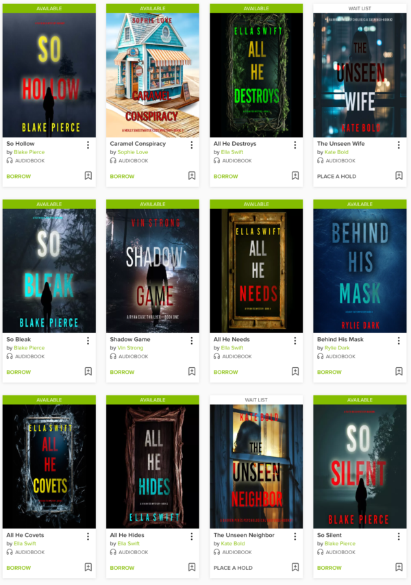 An array of 12 covers from the listed authors. All of the covers follow very similar design patterns: center-aligned title with a lot of photoshop external glow on the letters, with titles like all he hides, all he covets, or following sequences like the unseen noun, behind his noun, so adjective. Plus one image of a candy shop at the end of a pier on a beach with blue clapboard and white shutters. 