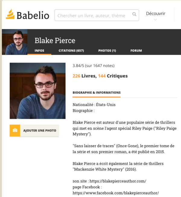 Blake Pierce on Babelio in French - an author bio with the same picture of the white dude with glasses and a nice blue sweater