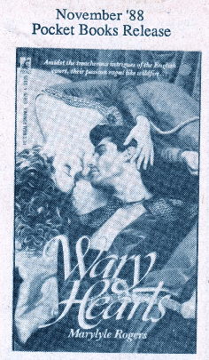 November 88 pocket books release - wary hearts by marylyle rogers, featuring fabio wearing some sort of doublet, and a woman arched over his head and sort of leaning on his shoulder from behind? the focus is really his jawline 