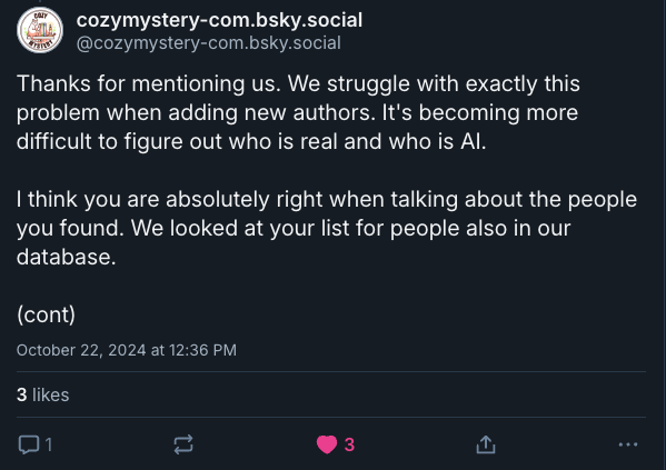 Thanks for mentioning us. We struggle with exactly this problem when adding new authors. It's becoming more difficult to figure out who is real and who is AI. I think you are absolutely right when talking about the people you found. We looked at your list for people also in our database. (cont)