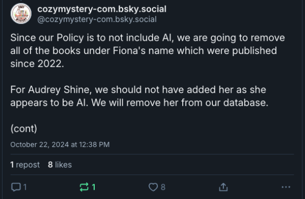 Since our Policy is to not include AI, we are going to remove all of the books under Fiona's name which were published since 2022. For Audrey Shine, we should not have added her as she appears to be AI. We will remove her from our database.